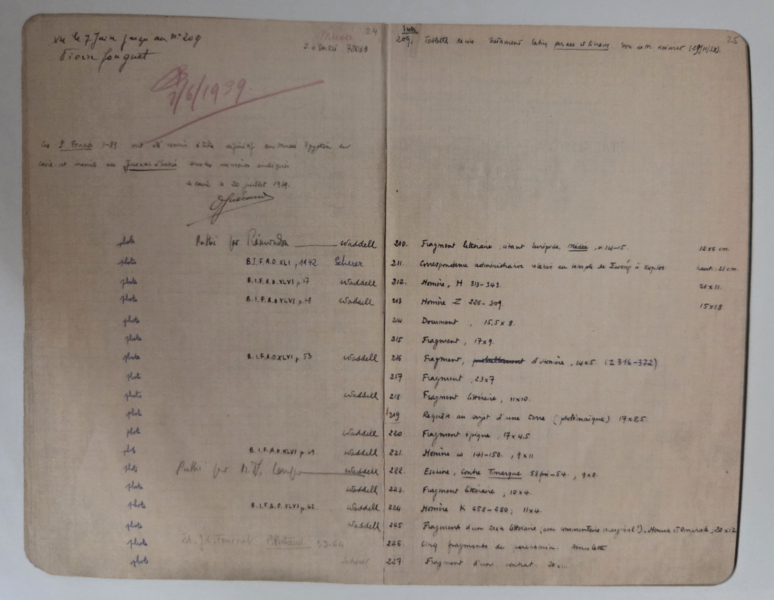 Sheet I: Inventory book of the Fouad collection, pp. 24-25 (© IFAO, Cairo)