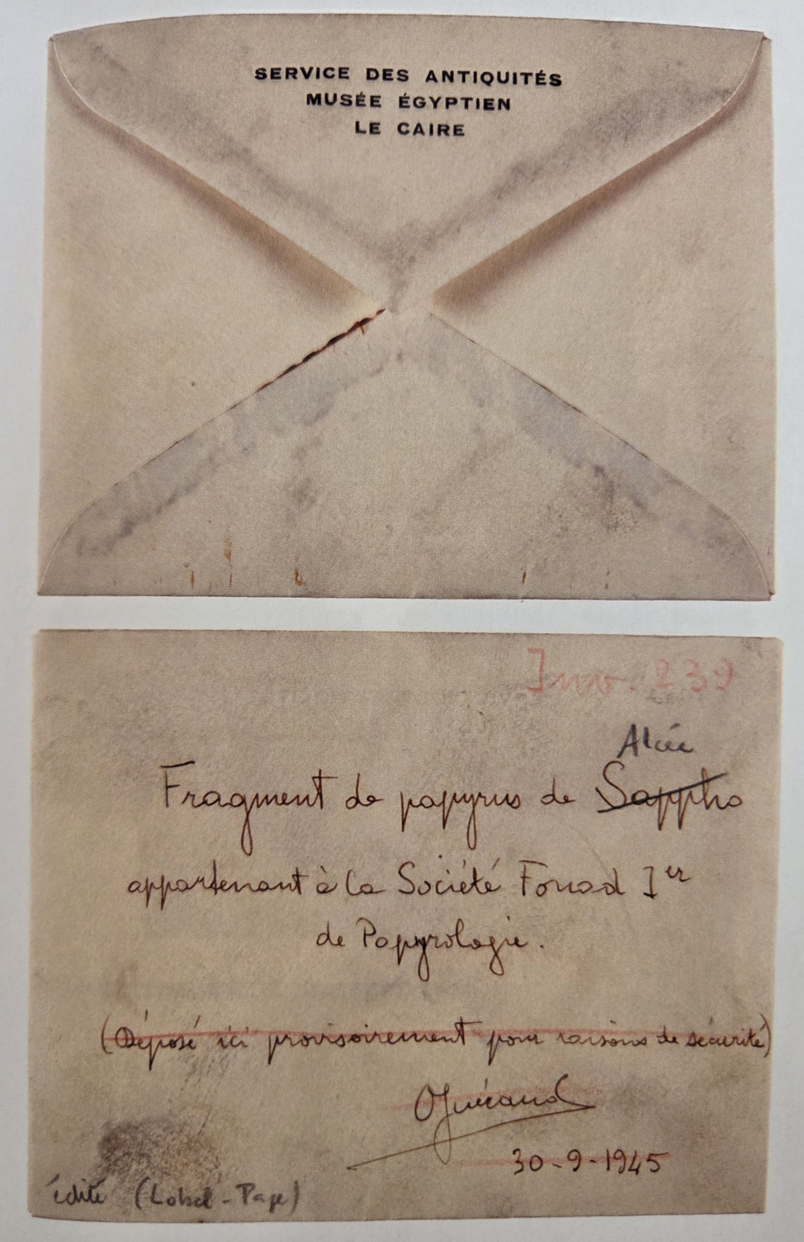 Sheet III: Envelope that contained P. Fouad inv. 239 (© IFAO, Cairo)